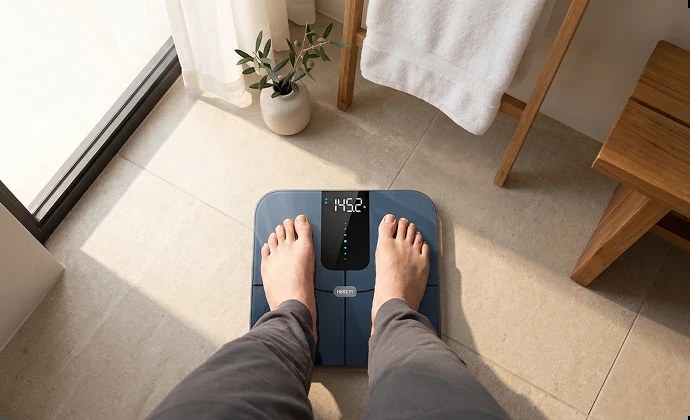 Overhead view of feet on the Herz P1 scale on a bathroom floor